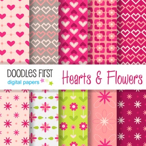 Hearts and Flowers Digital Paper Pack Includes 10 for Scrapbooking Paper Crafts