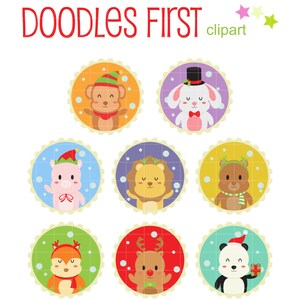 Sellos de Navidad de animales bebés, imágenes prediseñadas digitales para álbumes de recortes, tarjetas, manualidades de papel