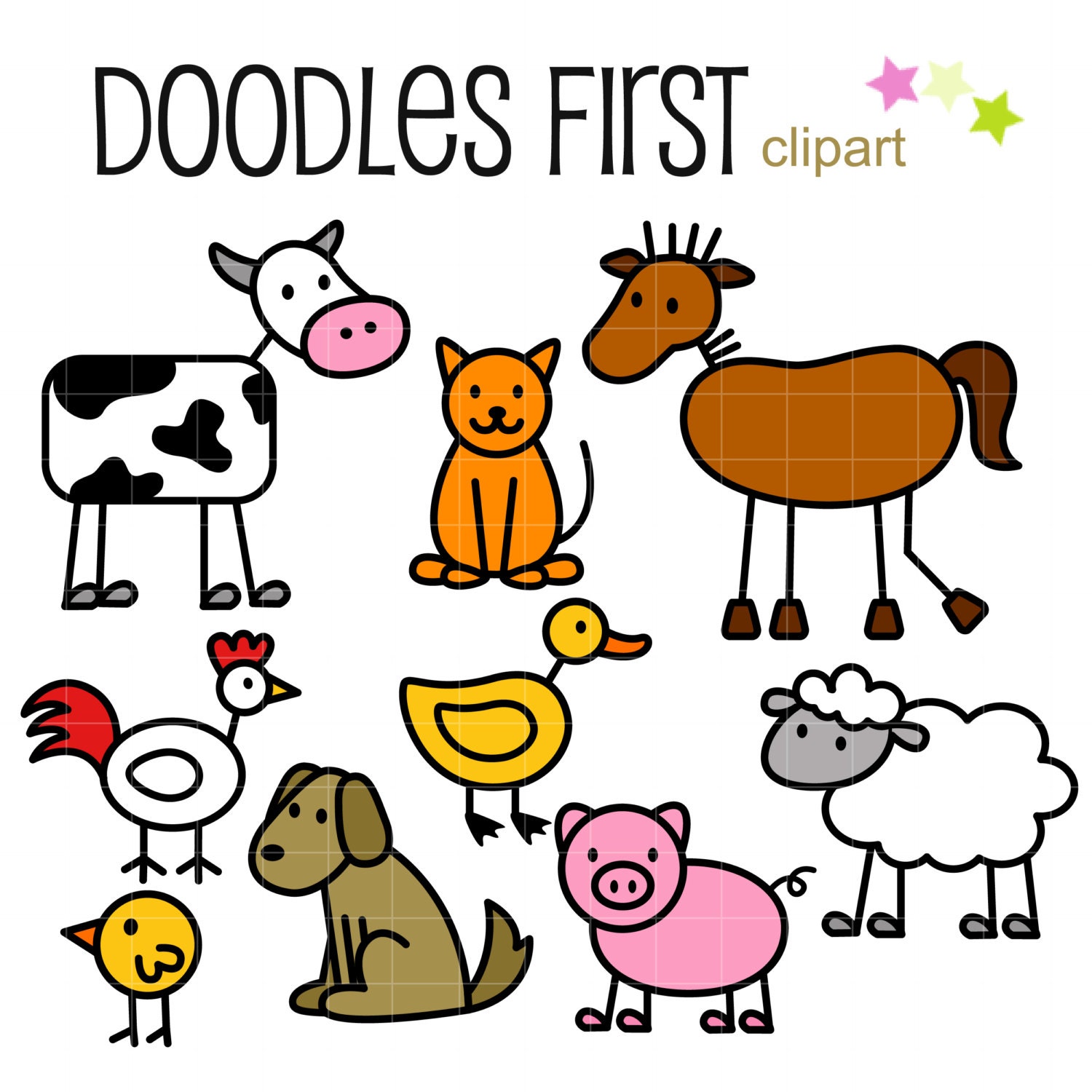 Stick Farm Animals Doodles Digital Clipart for Scrapbooking, Cricut Cut Files, Sublimation, Card Making, Paper Crafts, SVG, PNG, jpg
