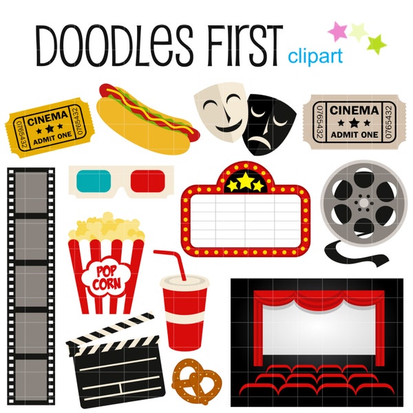Filmkväll Digital Clip Art för Scrapbooking Korttillverkning Cupcake Toppers Papperspyssel