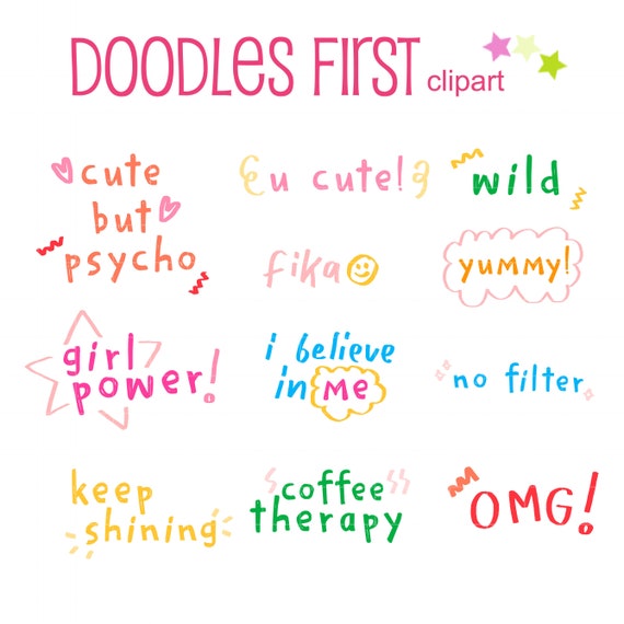 Pastel Doodle Words Typography Digital Clip Art for Etsy