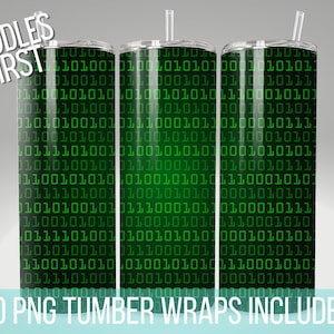 May include: Three 20 ounce stainless steel tumblers with a green and black binary code pattern. The tumblers are shown with straws.