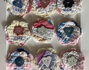 Upcycled flower pin, mom, love quilt