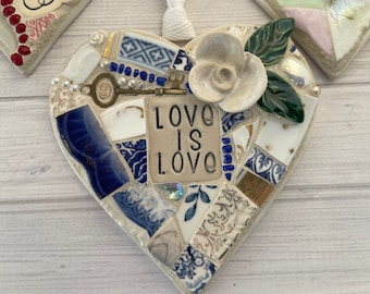Blue, White and gold heart Mosaic, wall hanging, Valentine, Love is love