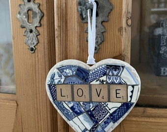 Blue, White and gold heart Mosaic, wall hanging, Valentine, Love