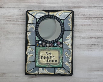 Purple and teal  mosaic with mirror, BE FEARLESS, wall hanging, encouraging, positive message