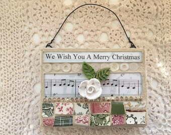 Mosaic mixed media Christmas music wall hanging