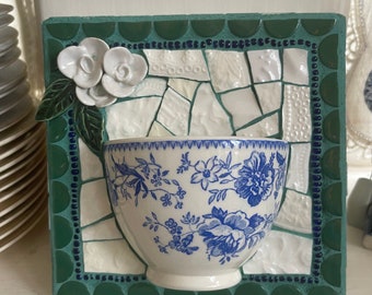 Mosaic with half a tea cup/plant, jewelry, trinket lholder