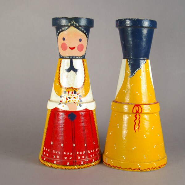 Scandinavian Ladies - Vintage Painted Wood Folk Art Candle Holders Set of 2