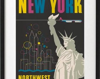 Fly Northwest Airlines - Finest to New York Statue of Liberty Travel Poster Art Print - 1950