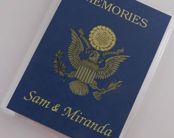 Passport photo album Travel Destination Memories personalized Custom gift 4x6 or 5x7 Pictures Navy Coat of Arms United States of America 747