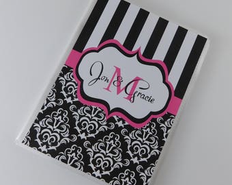 Wedding Photo Album 4x6 5x7 Pictures Monogrammed Bridal Shower Gift Anniversary Engagement Personalized with Name Black Damask Hot Pink 709