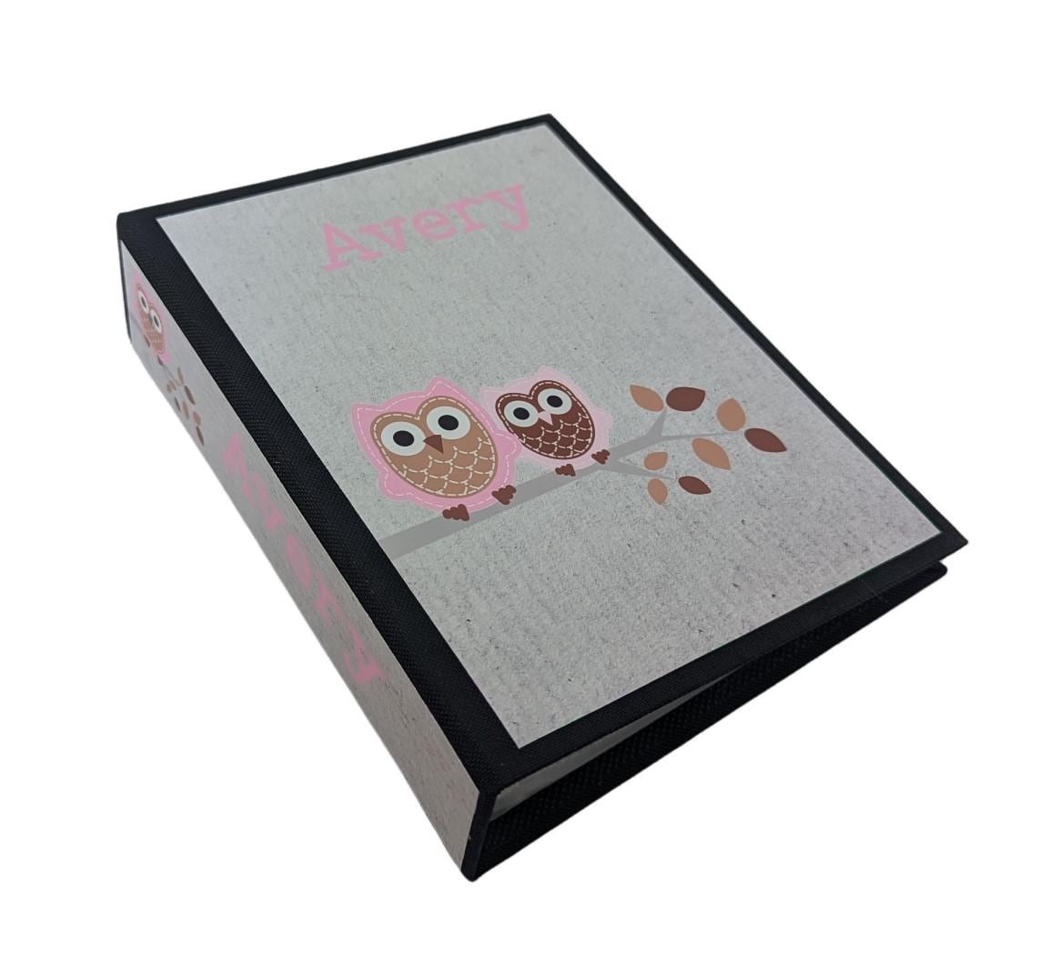 Owl Photo Album, 4x6 Pictures, Pink or Blue, Personalized Name, Linen Hardcover Book D#139