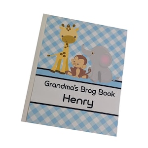 Baby Boy Photo Album Jungle Animals Giraffe Monkey Elephant Personalized Name Grandparents Brag Book Pink Blue Purple 4x6 5x7 Pictures W#244