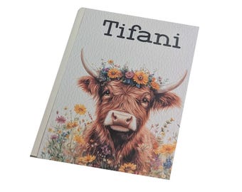 Highland Cow Photo Album 4x6 or 5x7 Pictures Personalized Name Baby Shower Gift Birthday Retirement Anniversary Cattle Floral Flower W#259