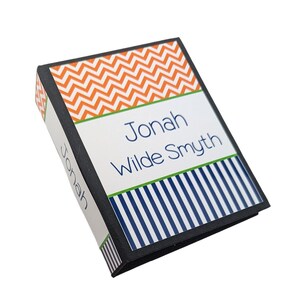 Photo Album Baby Boy Personalized Name Gift Orange Chevron Navy Stripe Grandmas Brag Book 4x6 Pictures D#011