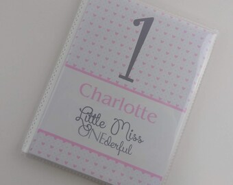 Little Miss Onederful Birthday Photo Album Personalized with NAME Gift Girl Pink Heart 4x6 5x7 Pictures IA#959