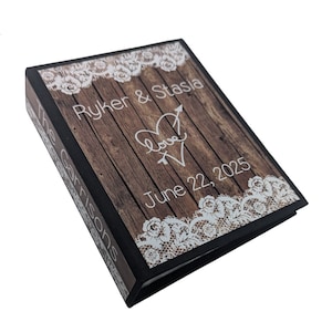 Wedding Photo Album 4x6 or 5x7 Picture Rustic Engagement Anniversary PRINTED Wood Lace Personalized Name Bridal Shower Gift D#095