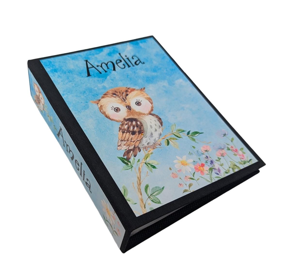 Owl Photo Album, Woodland Gift, 4x6 Pictures, Personalized Name, Linen Book D#140