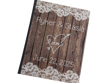 Wedding Photo Album Personalized Name Bridal Shower Gift Engagement Anniversary Love Rustic 4x6 or 5x7 Pictures Heart Printed Wood D#095