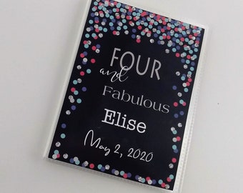 Birthday Photo Album Four and Fabulous 4x6 or 5x7 Picture Custom Fourth 4th Gift Present Black Silver Pink Teal Confetti Polka Dot IA#405