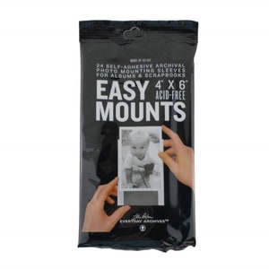 May include: A package of 24 self-adhesive archival photo mounting sleeves, acid-free, 4 inches by 6 inches. The package is black with white text and a photo of a baby.