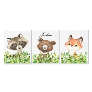 Woodland Baby Nursery Print Wall Art Canvas Sign Bear Fox Raccoon Girl Boy Picture Personalized Name Shower Gift Birthday Forest Animal #036