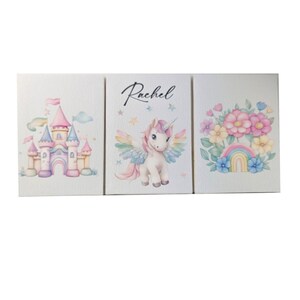 Unicorn Prints Wall Nursery Art Canvas Castle Flower Baby Girl Picture Personalized Name Shower Gift Birthday Shower Gift D#056