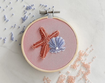 Beaded Beach Embroidery Art: Starfish & Shell Decor