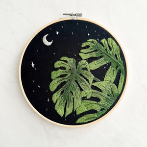 Moonlight Monstera Embroidery Art Piece Ready to Ship image 1