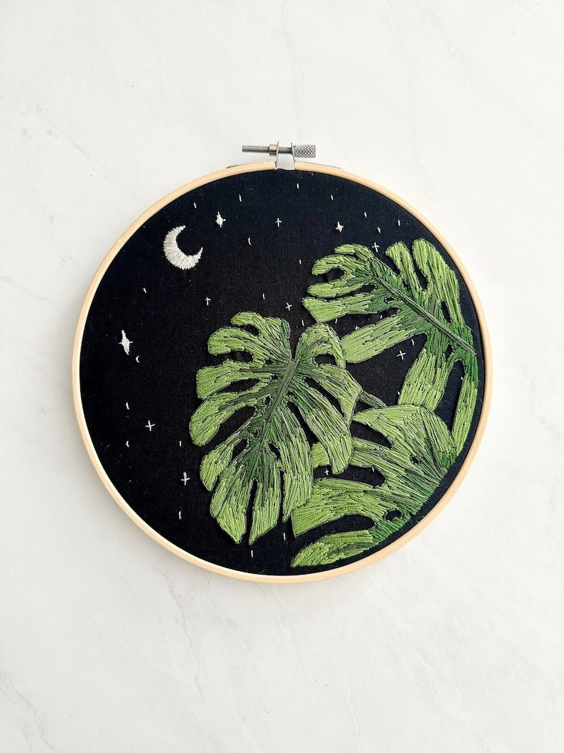 Moonlight Monstera Embroidery Art Piece Ready to Ship image 1