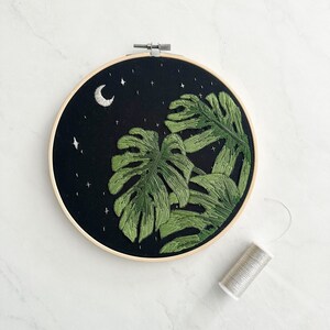 Moonlight Monstera Embroidery Art Piece Ready to Ship image 2