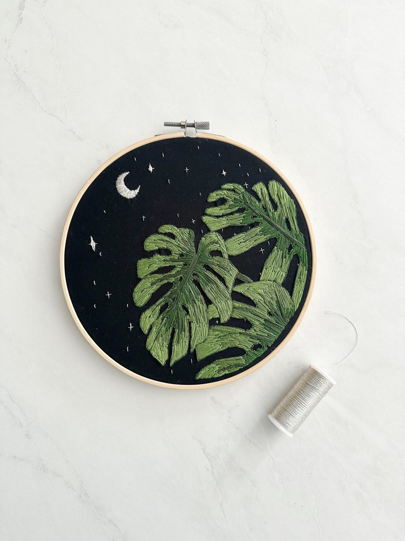 Moonlight Monstera Embroidery Art Piece Ready to Ship image 2