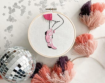 Dolly, Pink Cowboy Boot Embroidery Art: Handmade Line Art Cowgirl Decor