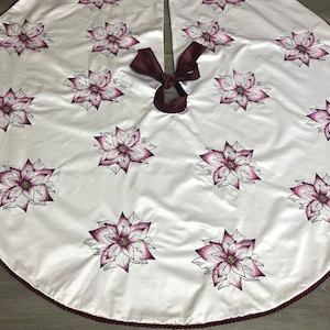 Christmas Tree Skirt, 52 Inch, Embroidered Poinsettias, White and Burgundy, Christmas Decorations, Holiday Decor