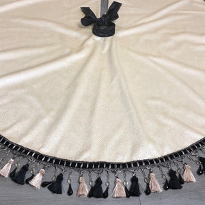 Christmas Tree Skirt / 63 inch / Cream & Black Beaded Tassel tree skirt / Simple Velvet Christmas Decor / Christmas Decorations