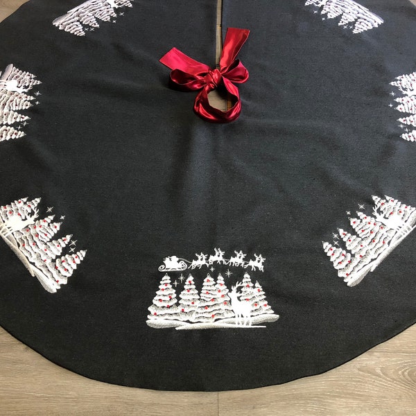 Winter Night Christmas Tree Skirt, 53 Inch, Dark Grey, Embroidered, Christmas Decorations, Holiday