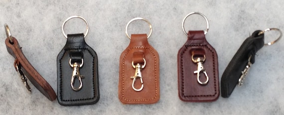 Thick Quality Key Fob 1/4 Leather Black , Brown , or Tan , Strong Key Ring  and Dog Hook / Bacsew UK 