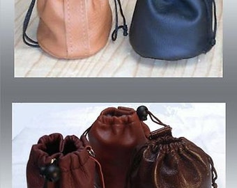 LEATHER Drawstring Purse/ Bag  / POUCH - BELT Loop or Wrist / New  /10  colours