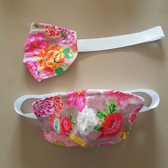 Cotton lycra face mask MULTI Coloured  Flower Floral  design  ,Two layers 3D shape  /Elastic full head strap/ Reusable /washable by Bacsew