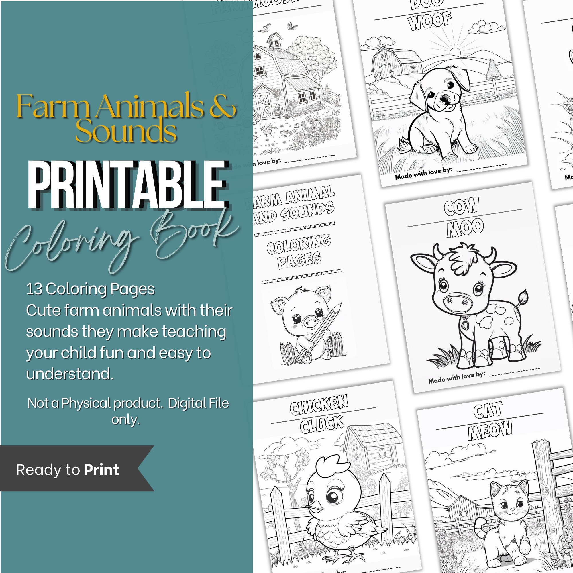Printable Cute Farm Animals and Their Sounds Coloring Pages Etsy