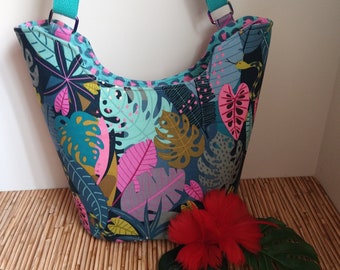 Bolso tipo cubo, tela tropical de jungla nocturna, hojas de serpientes de leopardo, herrajes de arcoíris, correa para el hombro con correas.