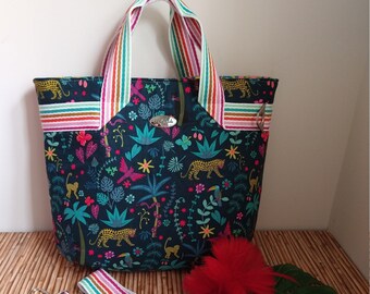 Tote Fiesta, Selva Nocturna Tela Tropical Monos Leopardo Loros Hojas Pantera - Correa de hombro desmontable con correas a rayas arcoíris.