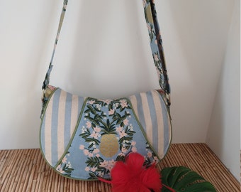 Rosie Rifle Paper Co. Alforja Bolso bandolera Bolso de hombro Primavera Piñas en oro metálico y rayas azules