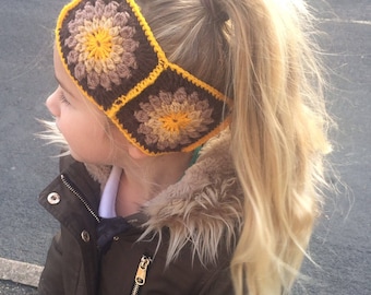 Granny square Ear Warmers in Autumn colours
