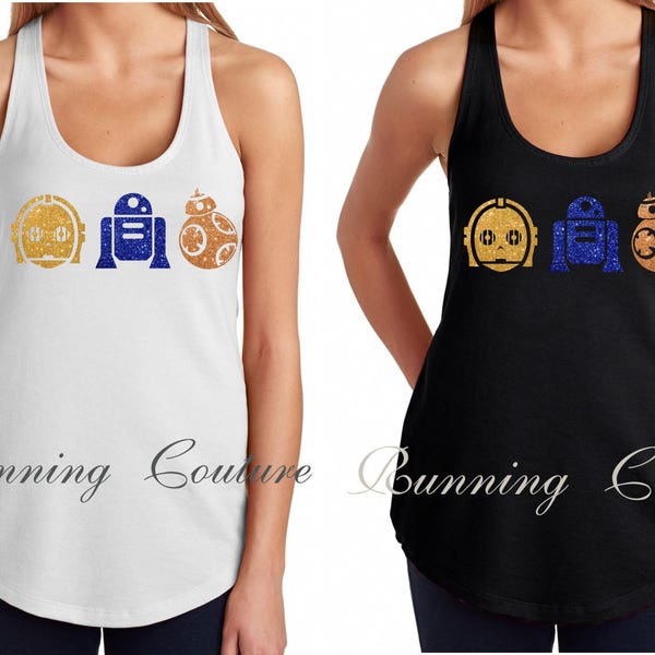 C3PO RD2D BB8  inspired Women's Star Wars (Glitter Gold, Royal, and Orange) Racer back Tank,