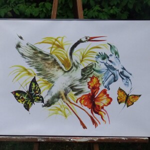 Crane and Butterflies Poster-18x24 inches-Vintage Image image 1