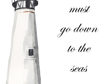 Citação do Mar do Farol 8x10 para impressão Art-Masefield Sea Fever "Devo descer aos mares novamente"