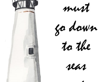 Citação do Mar do Farol 8x10 para impressão Art-Masefield Sea Fever "Devo descer aos mares novamente"