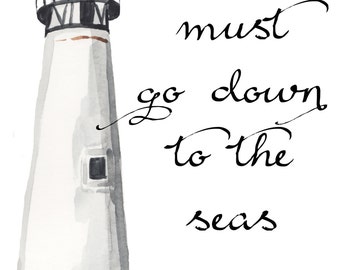 Citação do Mar do Farol 8x10 para impressão Art-Masefield Sea Fever "Devo descer aos mares novamente"